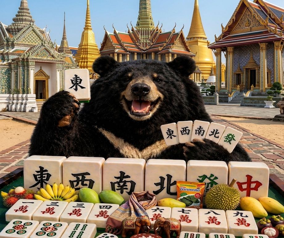 泰國大皇宮揪團打麻將,台泰麻將友誼賽,台灣黑熊泰國觀光大使,台灣熊愛打麻將,台灣黑熊打麻將,熊掌摸牌,台灣黑熊跨國槓上開花,國寶打牌,台灣黑熊吃泰國海苔,台灣黑熊學泰拳,曼谷台灣黑熊出沒